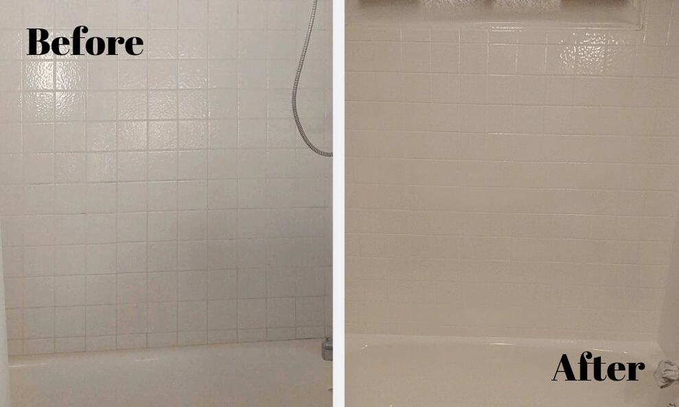 The image shows a before and after shot of the same tile wall in a bathroom, the before has black and yellow lines around the grout and the after is all white.